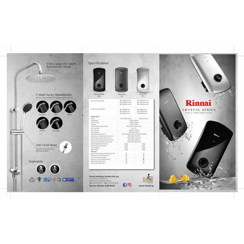 Rinnai Electric Instant Water Heater With DC Pump and Rain Shower Crystal Series
