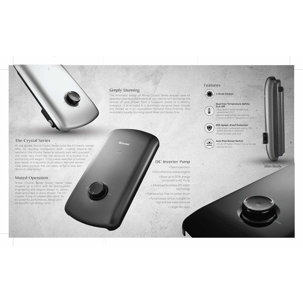 Rinnai Electric Instant Water Heater With DC Pump and Rain Shower Crystal Series