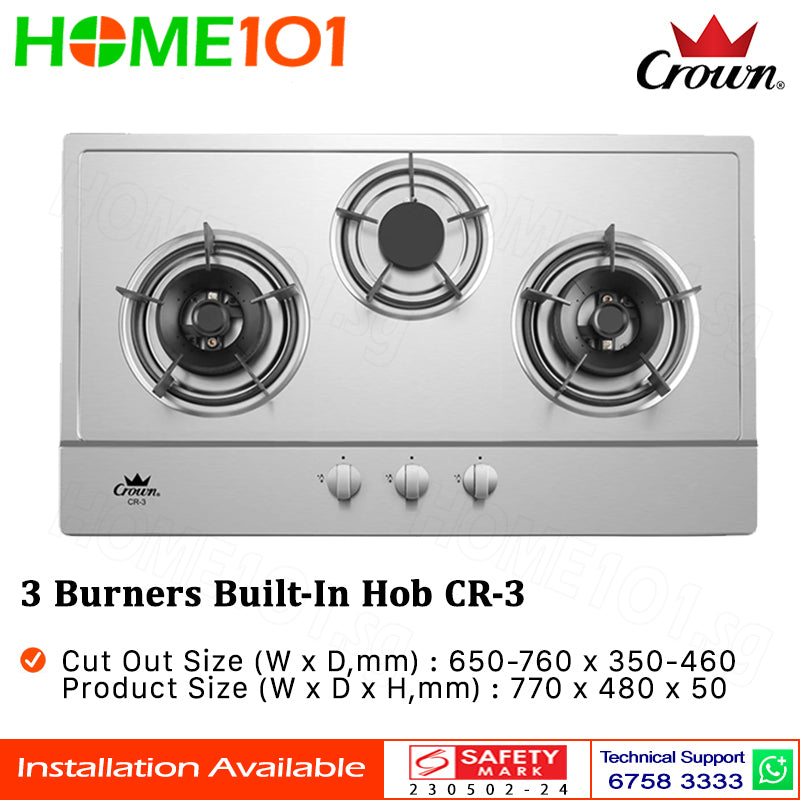 Crown Built-In Hob Stainless Steel 3 Burners CR-3 LPG / PUB - FREE INSTALLATION
