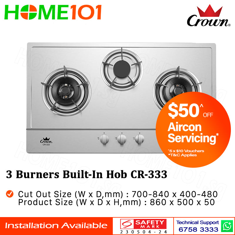 Crown Built-In Hob Stainless Steel 3 Burners CR-333 LPG / PUB - FREE INSTALLATION