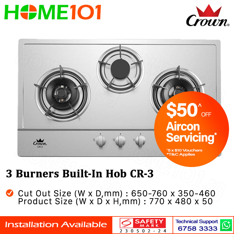 Crown Built-In Hob Stainless Steel 3 Burners CR-3 LPG / PUB - FREE INSTALLATION
