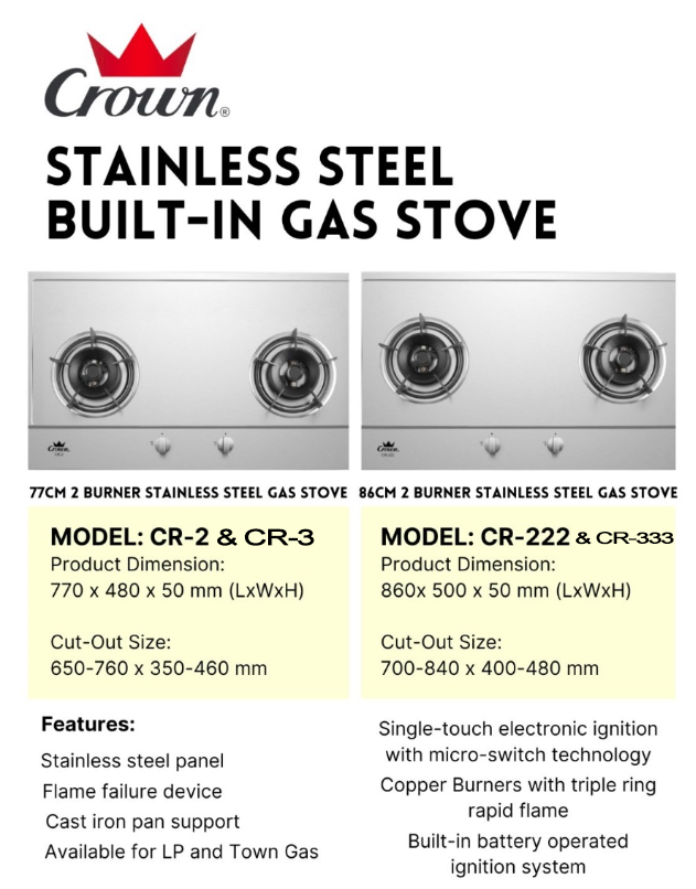 Crown Built-In Hob Stainless Steel 3 Burners CR-3 LPG / PUB - FREE INSTALLATION