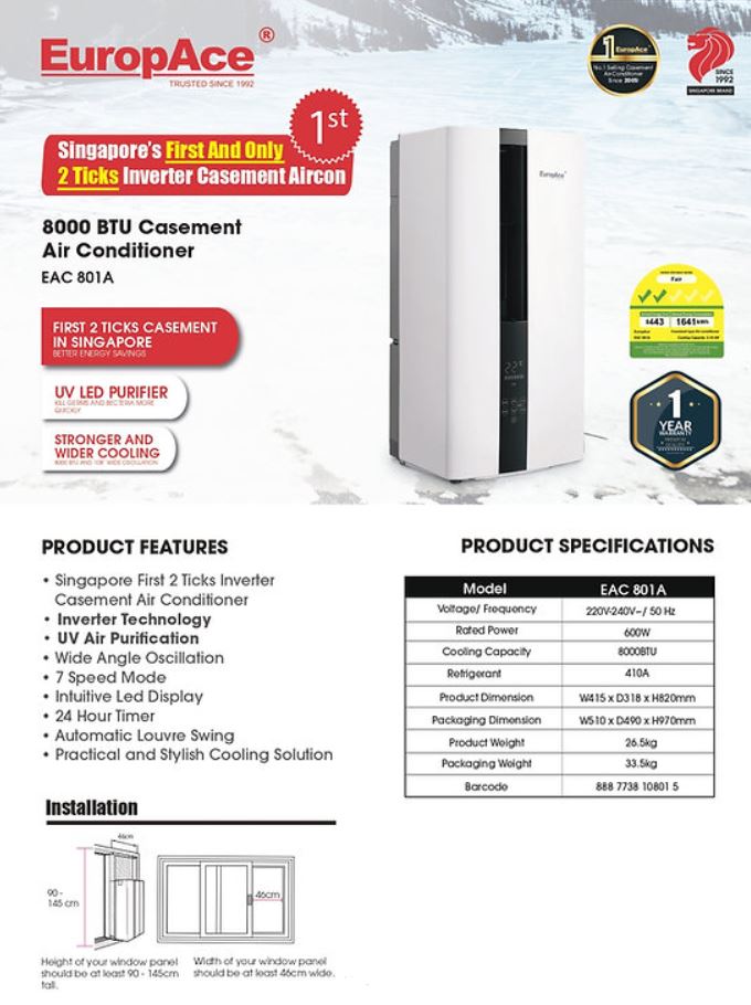 EuropAce Vertical Casement Aircon 8000BTU EAC 801A