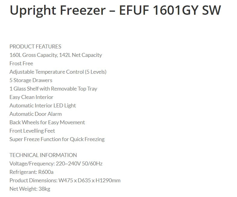 EF Upright Freezer 142L EFUF 1601GY SW