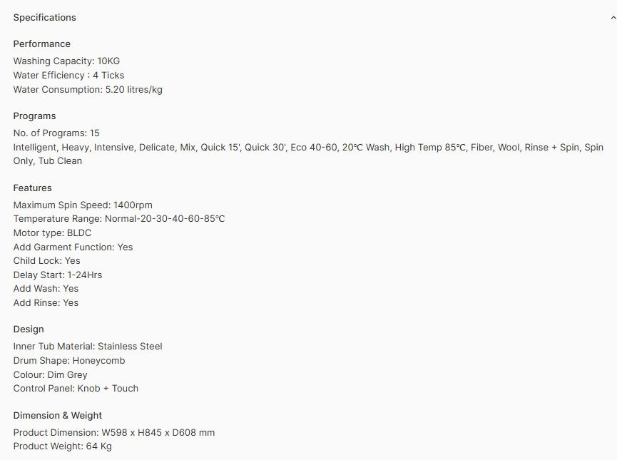 Europace Steam Front Load Washer 10KG EFW9102Y