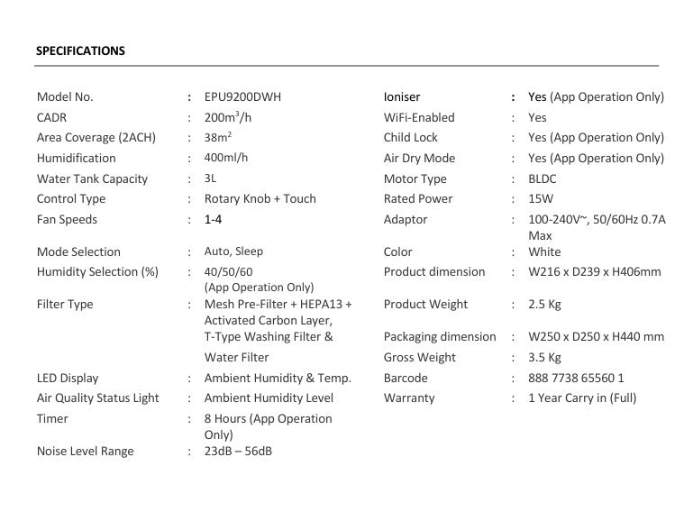 Europace W2 Smart Bionic Air Washer/Air Circulating Fan EPU9200DWH