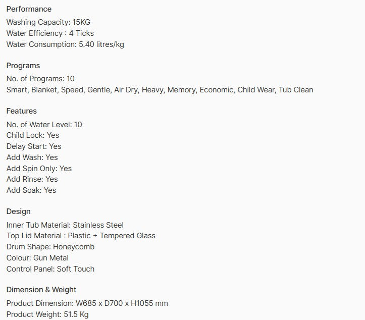 Europace AquaStorm Series Top Load Washer 15KG ETW8150EGM