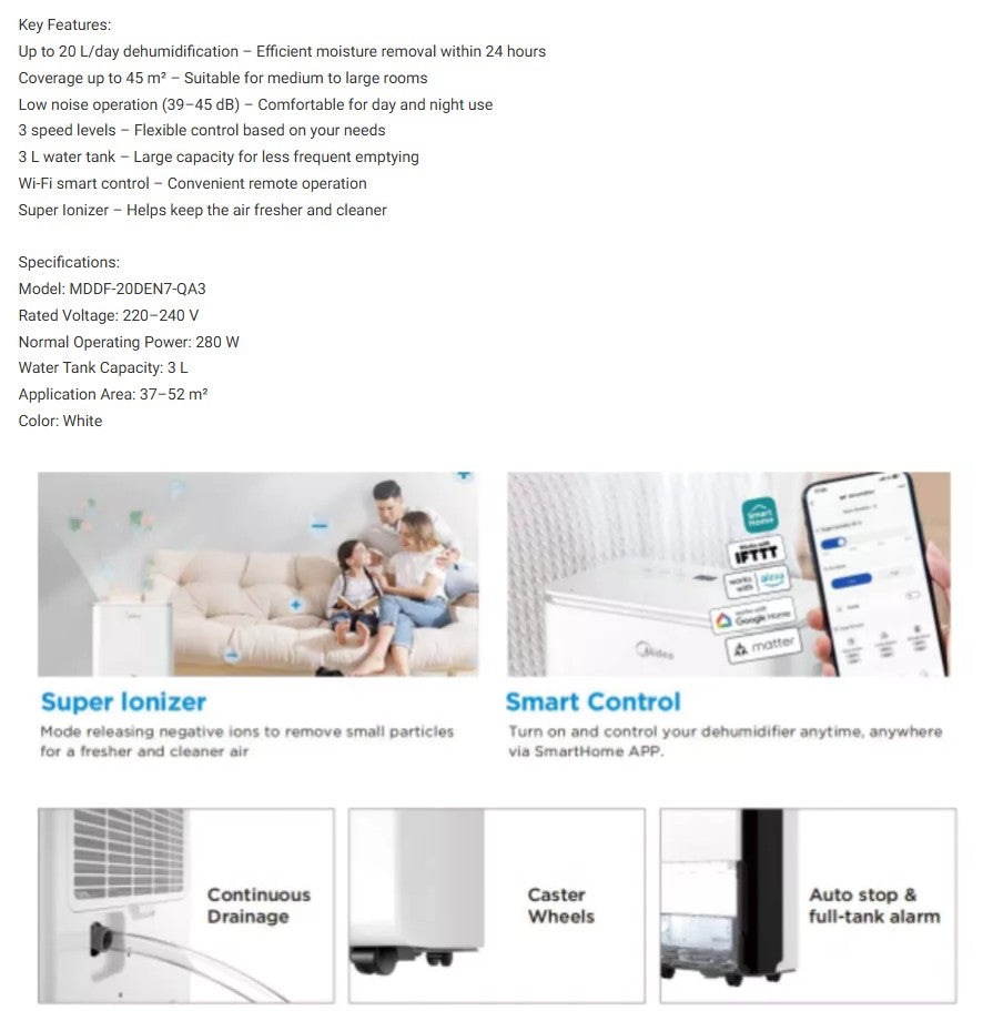 Midea Dehumidifier 20L MDDF-20DEN7-QA3