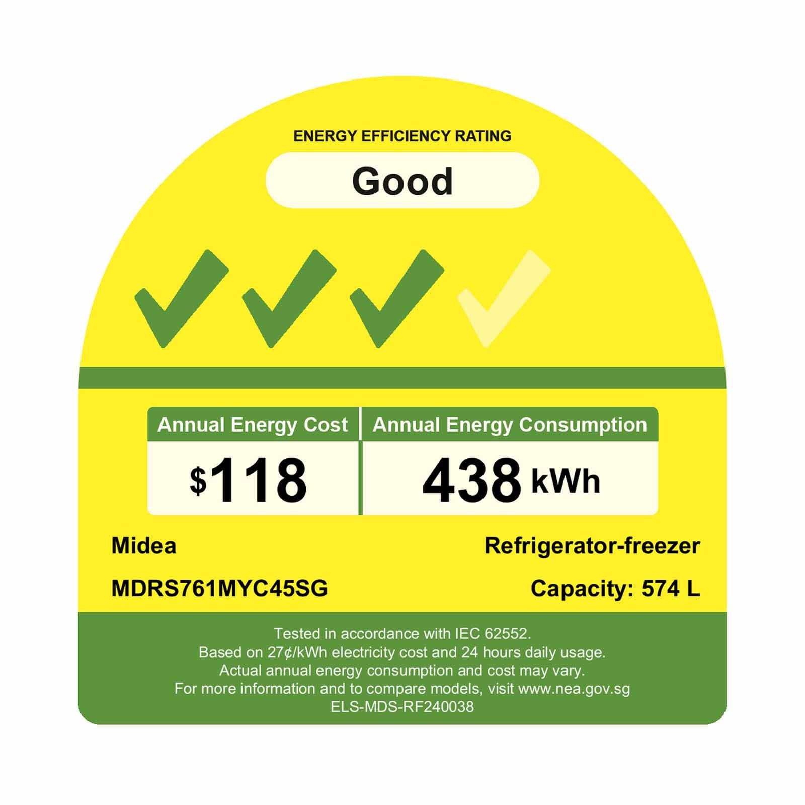 Midea 2 Door Side by Side Fridge 574L MDRS761MYC45SG