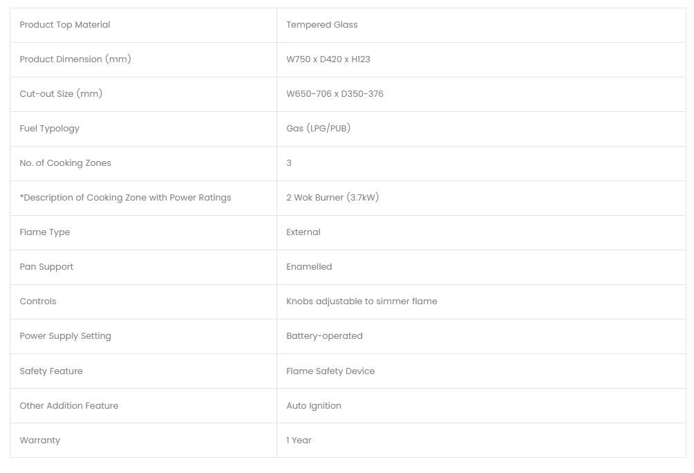 Rinnai Built-In Hob Tempered Glass 3 Burners RB-7303S-GBSM - PUB