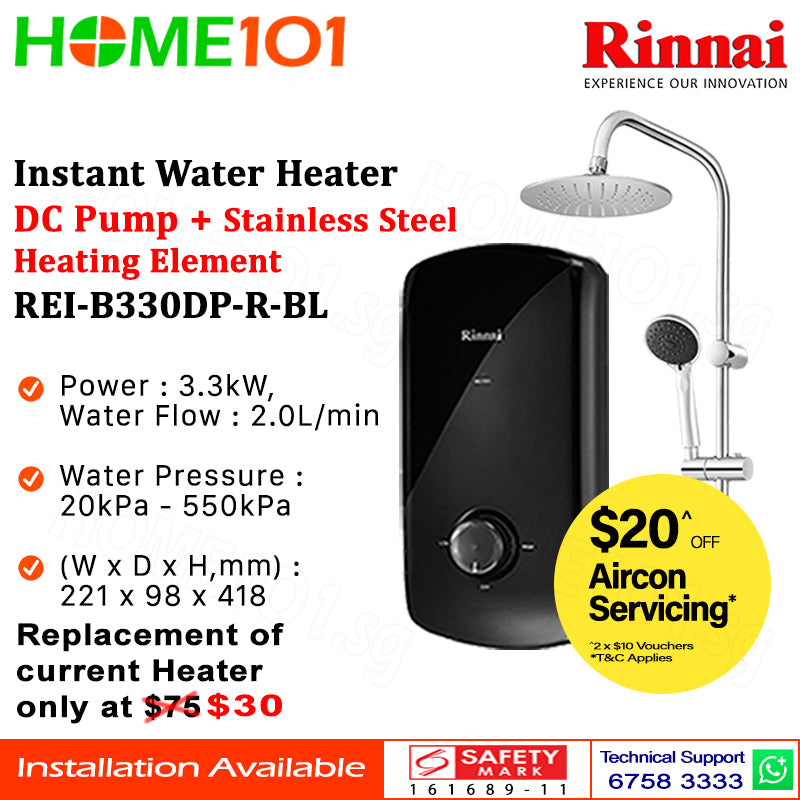 Rinnai Electric Instant Water Heater With DC Pump and Rain Shower Crystal Series