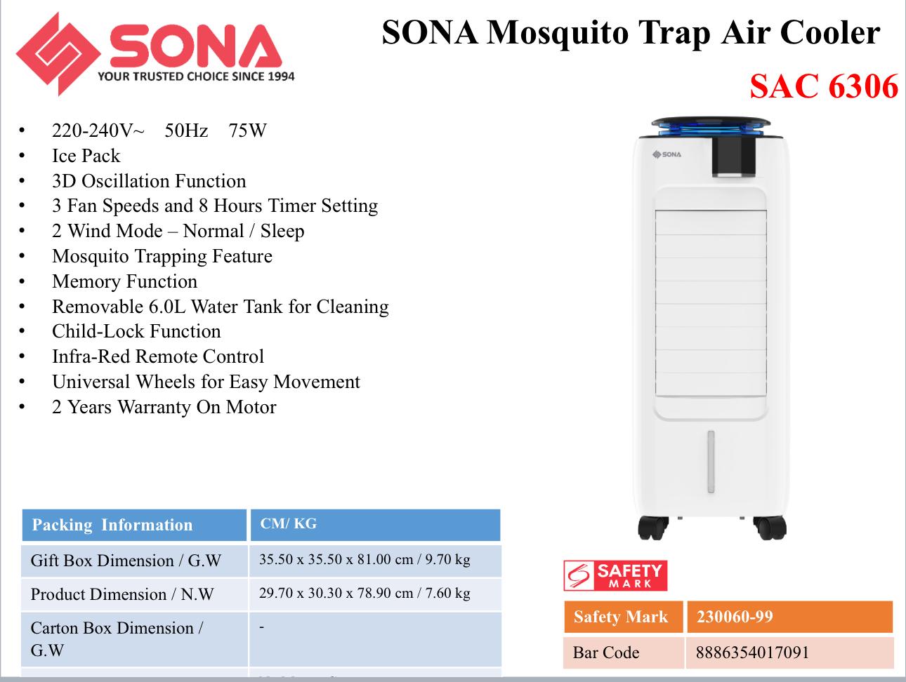 Sona Mosquito Trap Air Cooler With Remote Control 6.0L SAC 6306