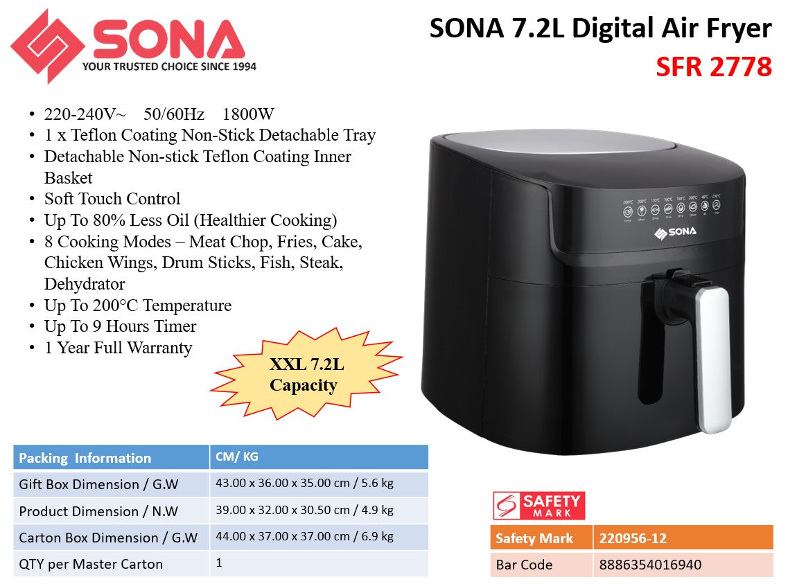 Sona Digital Air Fryer 7.2L SFR 2778