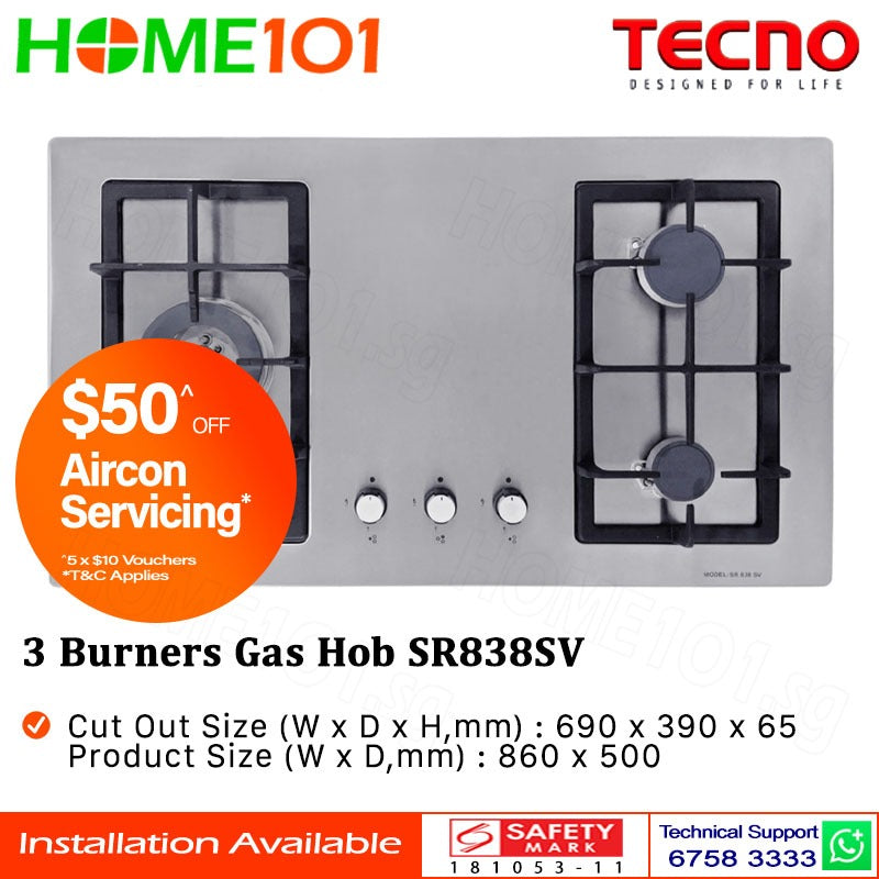 Tecno Stainless Steel Cooker Hob 3 Burners SR838SV - LPG / PUB - FREE INSTALLATION