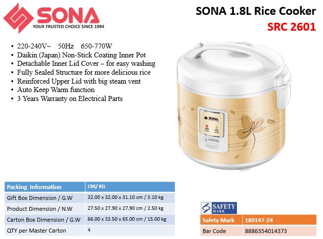 Sona Rice Cooker 1.8L SRC 2601