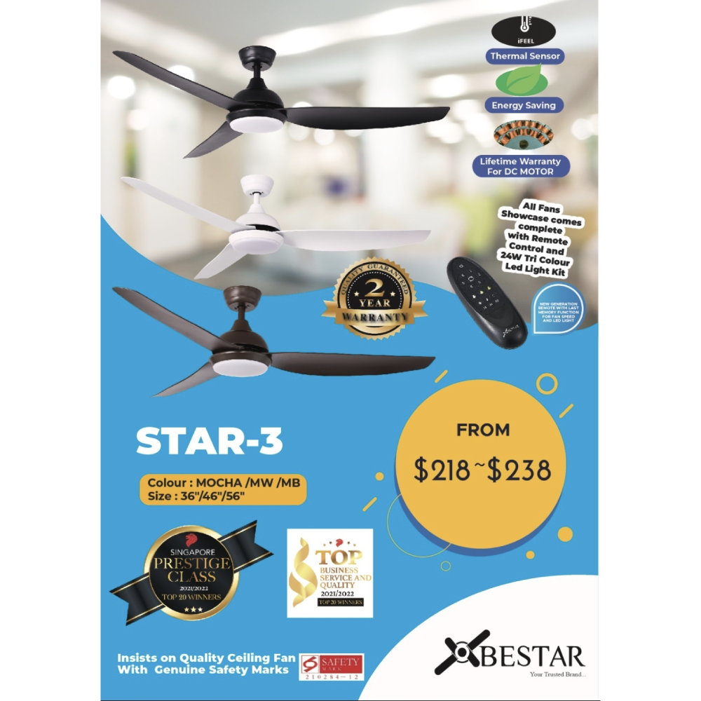($1 REPLACEMENT) Bestar DC Motor Ceiling Fan with Remote Control & Light 36ā/46ā/56ā Star-3