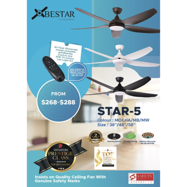 ($1 REPLACEMENT) Bestar DC Motor Ceiling Fan with Remote Control, Light & WiFi 38ā/48ā/58ā Star-5