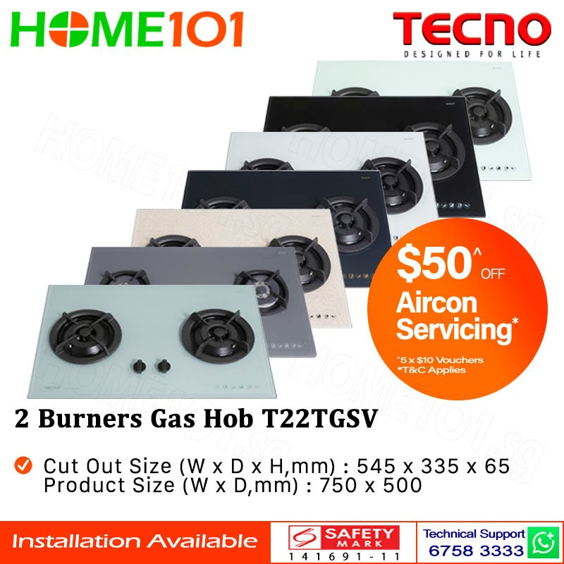Tecno Glass Cooker Hob 2 Burners T22TGSV - LPG / PUB - FREE INSTALLATION