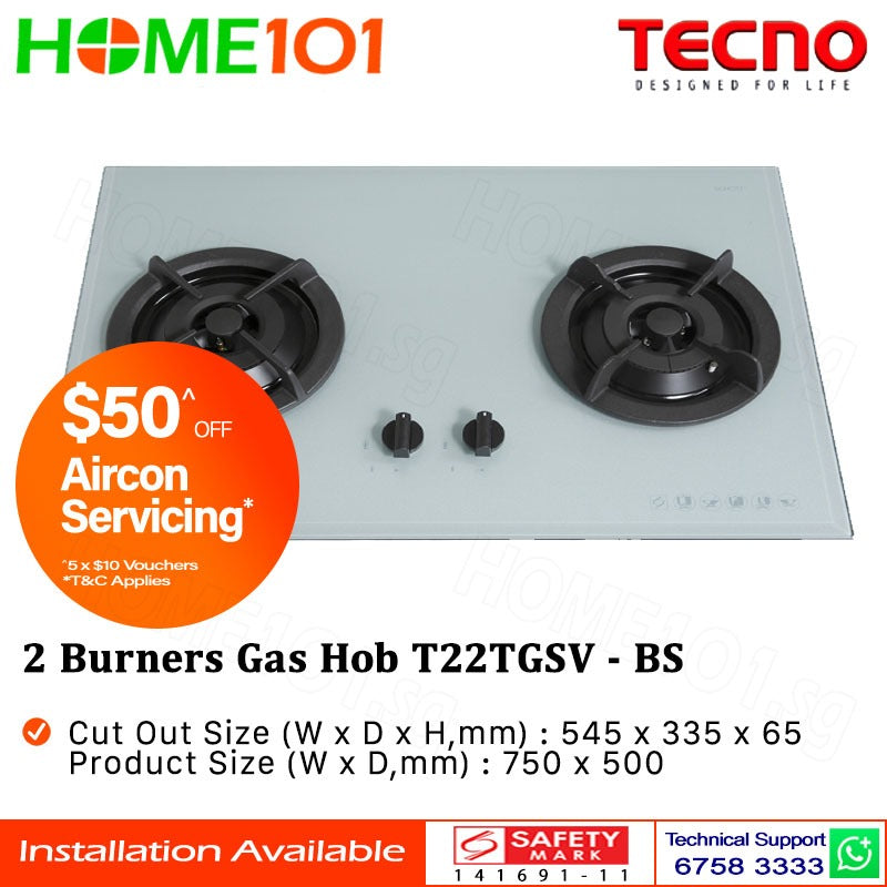 Tecno Glass Cooker Hob 2 Burners T22TGSV - LPG / PUB - FREE INSTALLATION
