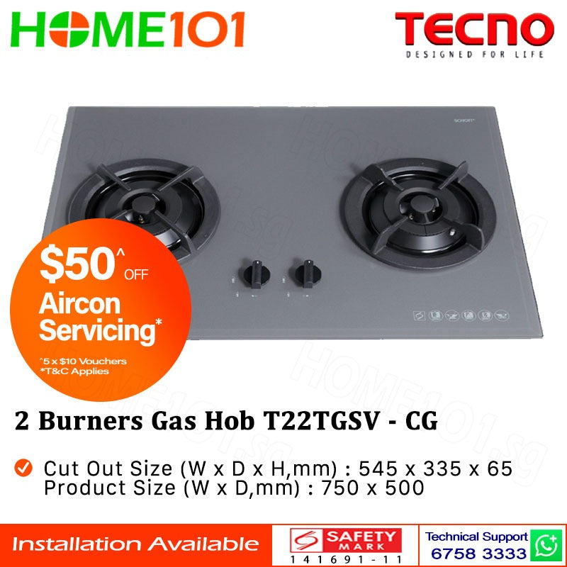 Tecno Glass Cooker Hob 2 Burners T22TGSV - LPG / PUB - FREE INSTALLATION