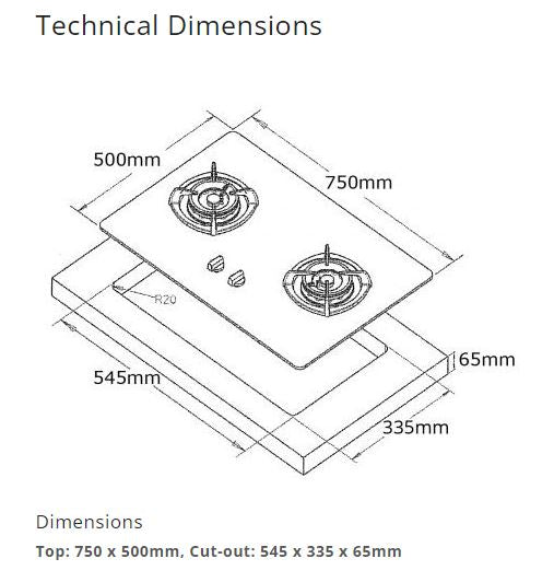 Tecno Glass Cooker Hob 2 Burners T22TGSV - LPG / PUB - FREE INSTALLATION