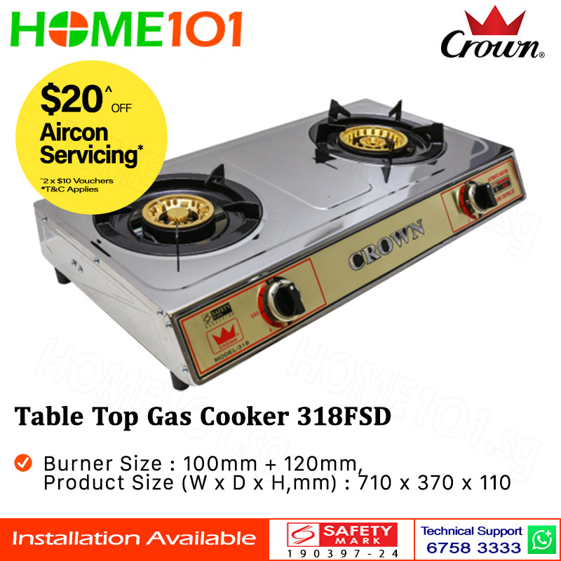 Crown Table Top stainless Steel Double Burner Gas Cooker 318FSD LPG/PUB