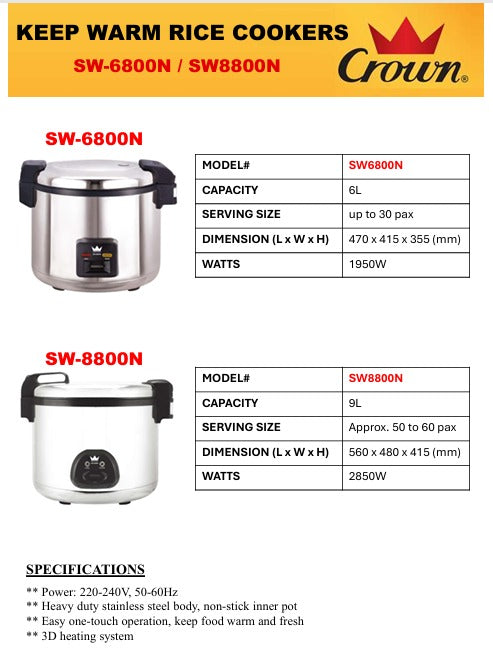 Crown Commercial Keep Warm Rice Cooker 9.0L SW8800N || SW-8800N