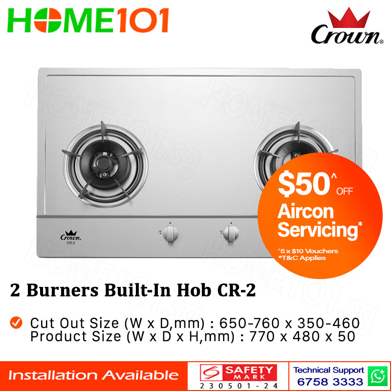 Crown Built-In Hob Stainless Steel 2 Burners CR-2 LPG / PUB - FREE INSTALLATION