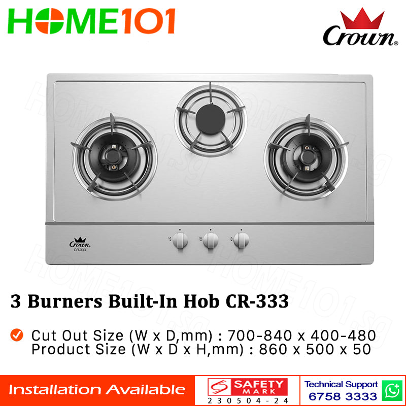 Crown Built-In Hob Stainless Steel 3 Burners CR-333 LPG / PUB - FREE INSTALLATION