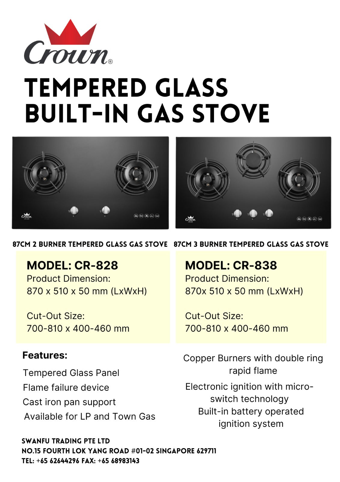 Crown Built-In Hob Tempered Glass 3 Burners CR-838 LPG / PUB - FREE INSTALLATION