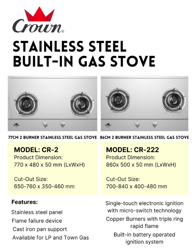 Crown Built-In Hob Stainless Steel 2 Burners CR-2 LPG / PUB - FREE INSTALLATION