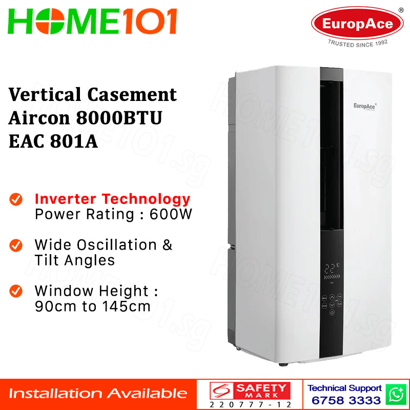 EuropAce Vertical Casement Aircon 8000BTU EAC 801A