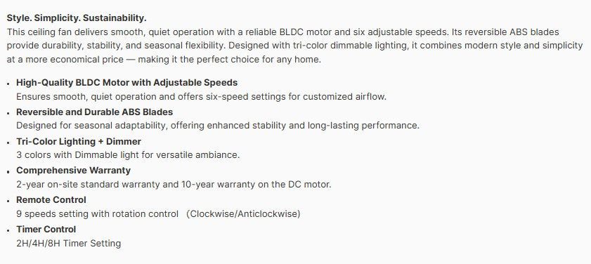 Europace BLDC Motor Ceiling Fan with LED Light & Remote Control 48" ECF48H