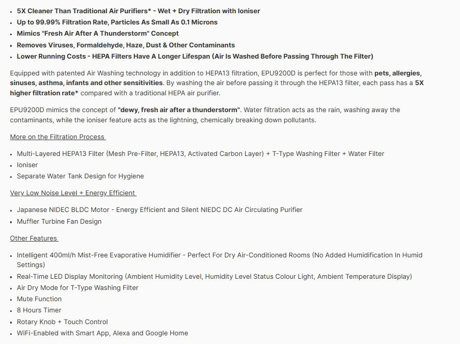 Europace W2 Smart Bionic Air Washer/Air Circulating Fan EPU9200DWH