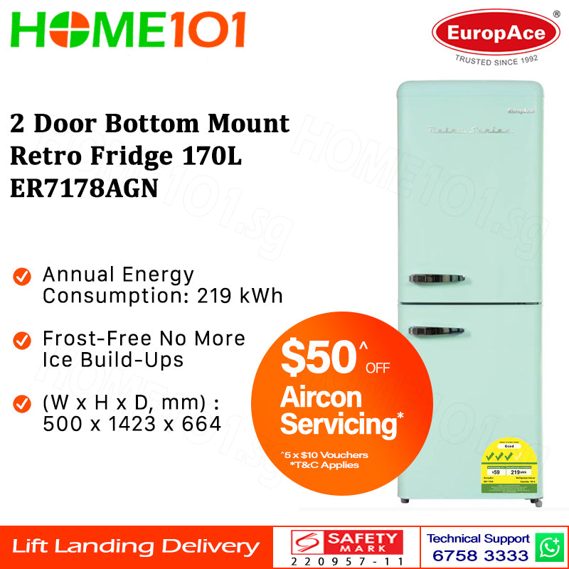 Europace 2 Door Bottom Mount Retro Fridge 170L ER7178A [ER7178AGN / ER7178AWH]