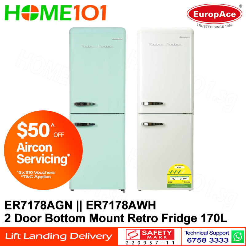 Europace 2 Door Bottom Mount Retro Fridge 170L ER7178A [ER7178AGN / ER7178AWH]