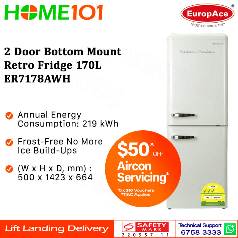 Europace 2 Door Bottom Mount Retro Fridge 170L ER7178A [ER7178AGN / ER7178AWH]
