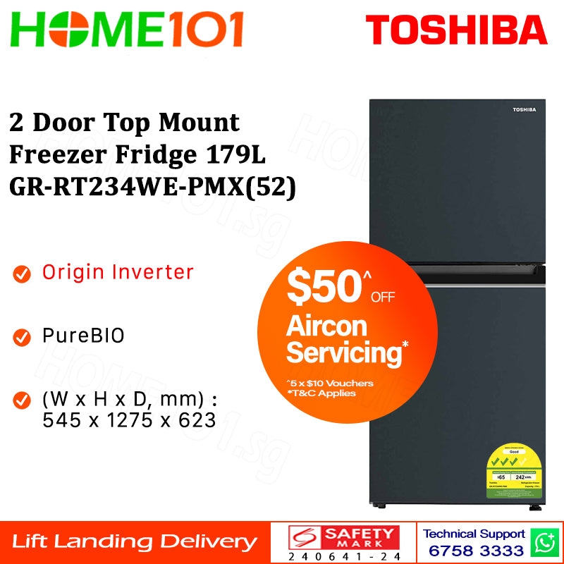Toshiba 2 Door Top Mount Freezer Fridge 179L GR-RT234WE-PMX(52)