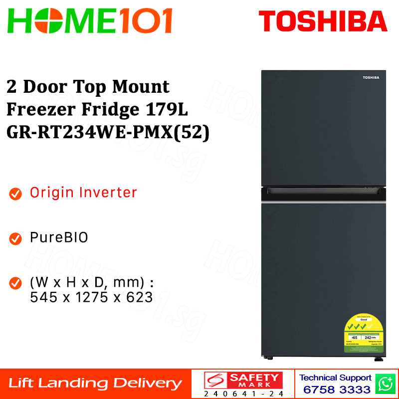 Toshiba 2 Door Top Mount Freezer Fridge 179L GR-RT234WE-PMX(52)