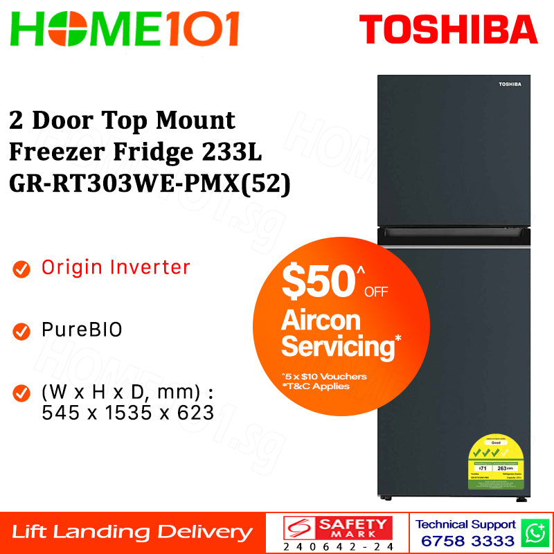 Toshiba 2 Door Top Mount Freezer Fridge 233L GR-RT303WE-PMX(52)