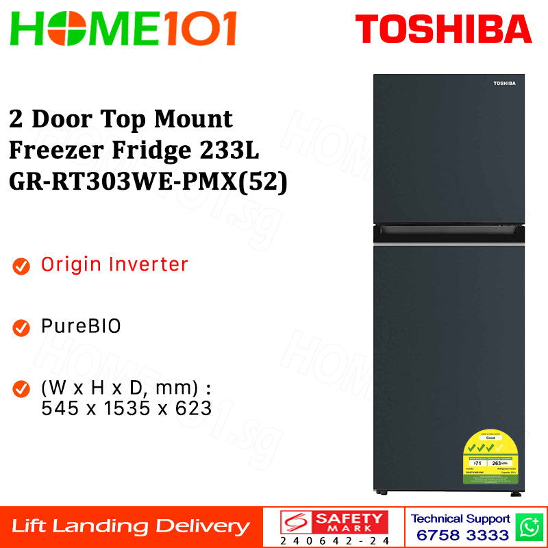 Toshiba 2 Door Top Mount Freezer Fridge 233L GR-RT303WE-PMX(52)