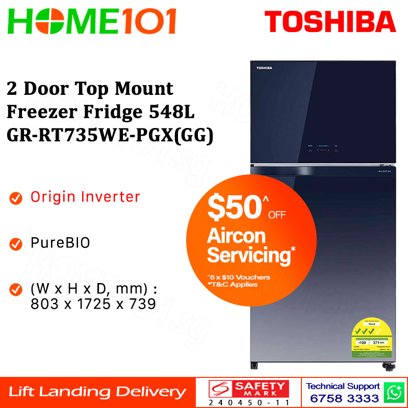 Toshiba 2 Door Top Mount Freezer Fridge 548L GR-RT735WE-PGX(GG)
