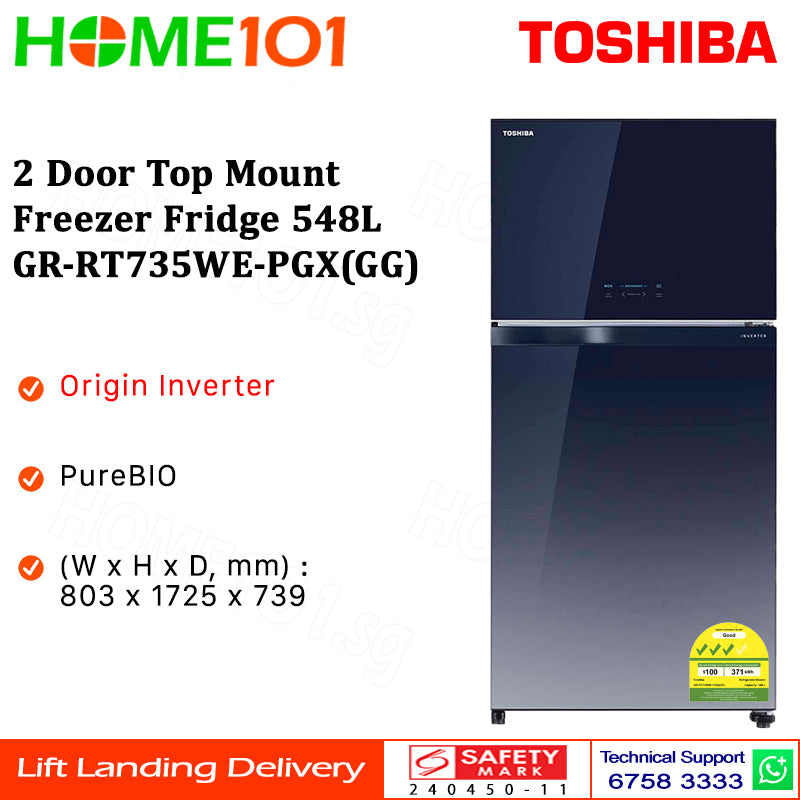 Toshiba 2 Door Top Mount Freezer Fridge 548L GR-RT735WE-PGX(GG)