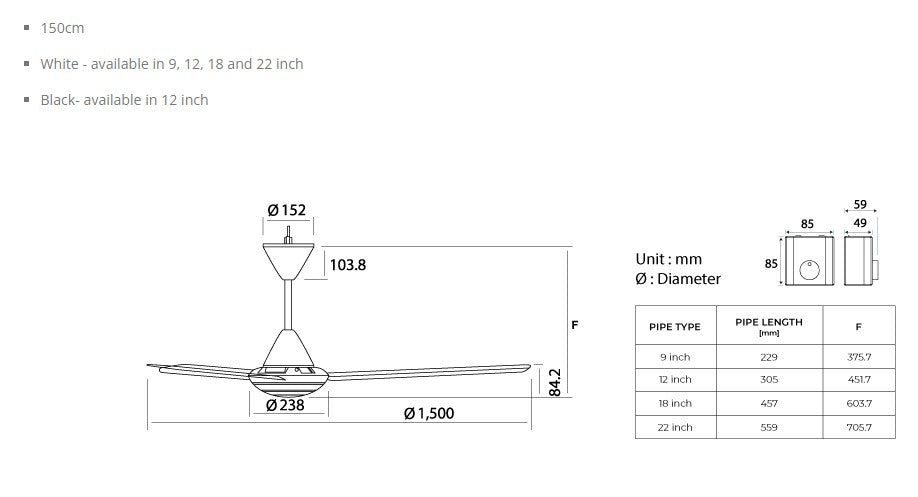 KDK Ceiling Fan 150cm w/ Regulator M60SG - WH