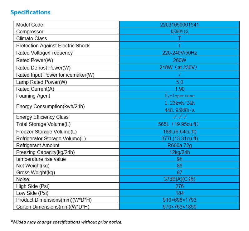 Midea 2 Door Side by Side Fridge 565L MDRS791MYC45SG