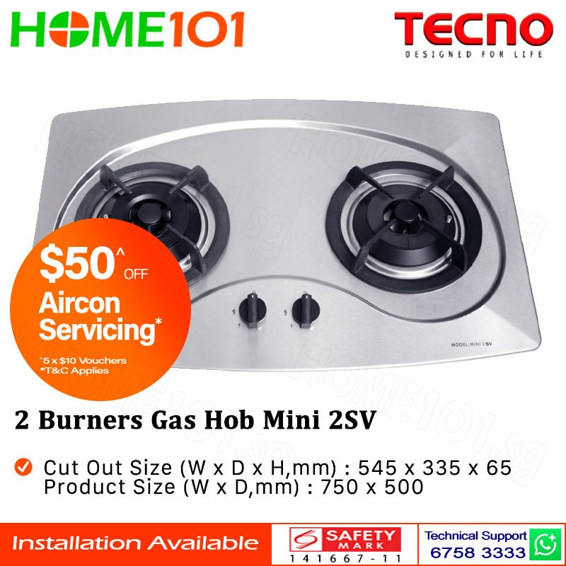 Tecno Stainless Steel Cooker Hob 2 Burners MINI 2SV - LPG / PUB - FREE INSTALLATION