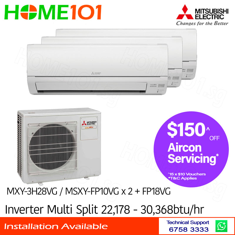 Mitsubishi StarMex Multi-Split AirCon MXY-3H28VG/MSXY-FP10VG x 2 + FP18VG - CLIMATE VOUCHER ELIGIBLE