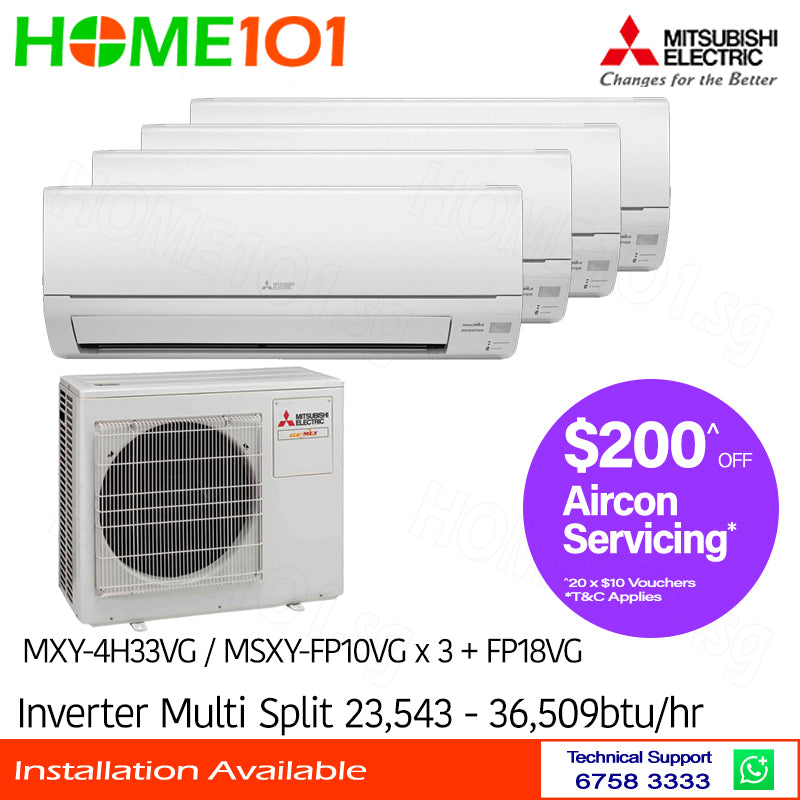 Mitsubishi StarMex Multi-Split AirCon MXY-4H33VG/MSXY-FP10VG x 3 + FP18VG - CLIMATE VOUCHER ELIGIBLE