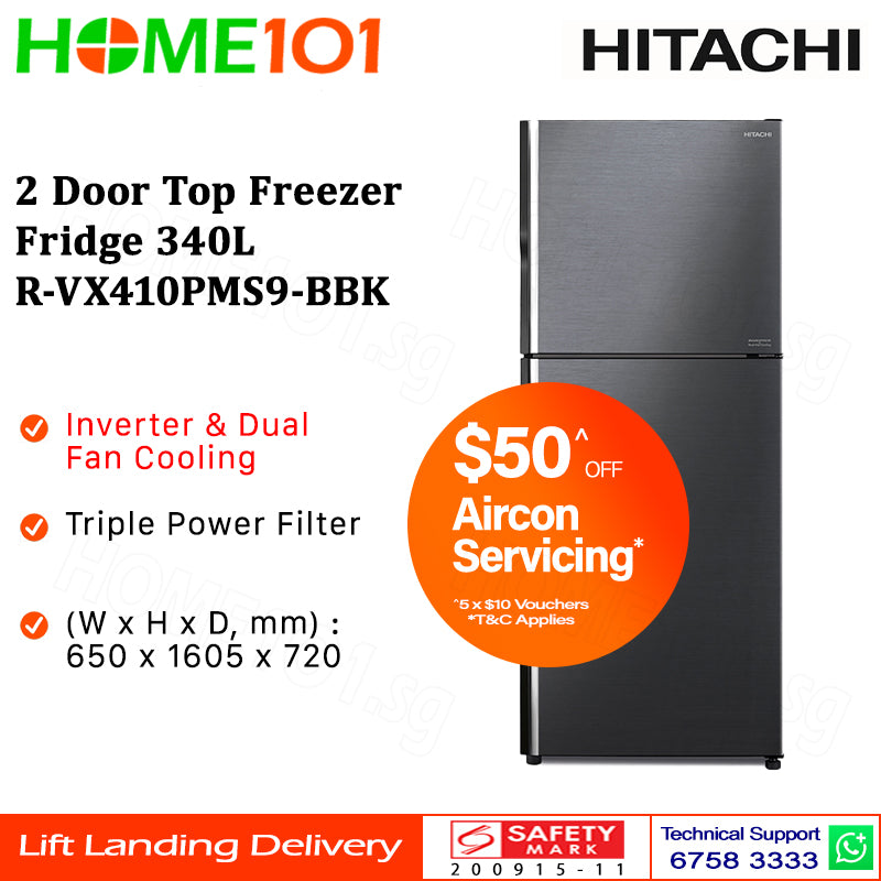 Hitachi 2 Door Top Freezer Fridge 340L R-VX410PMS9-BBK