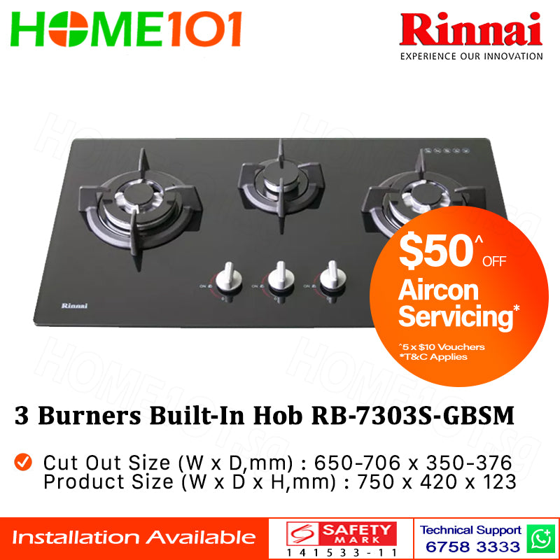 Rinnai Built-In Hob Tempered Glass 3 Burners RB-7303S-GBSM - PUB